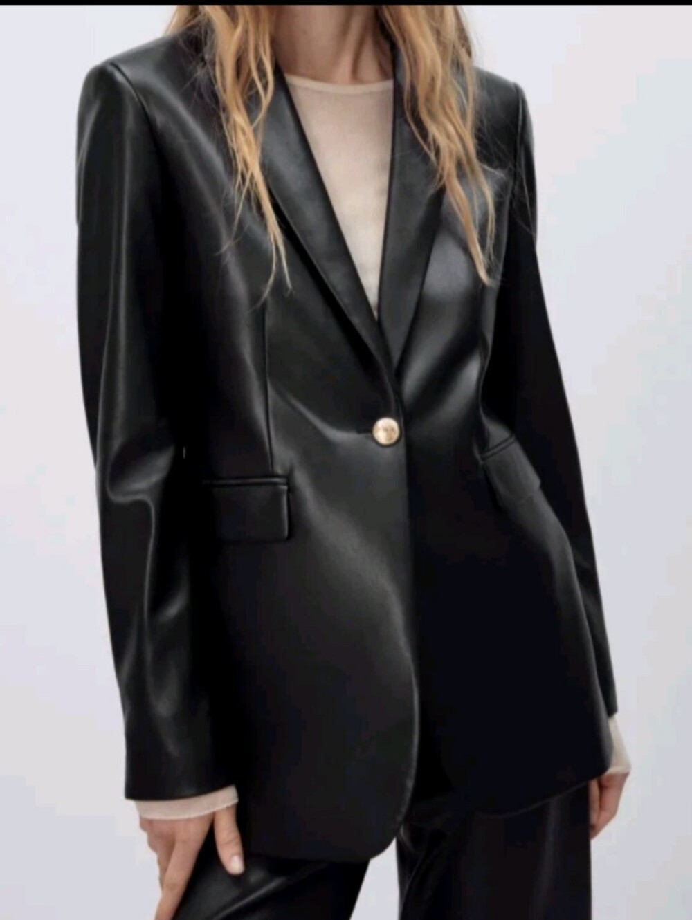 Zara Black Faux Leather Single-Button Blazer with Gold Button Size S